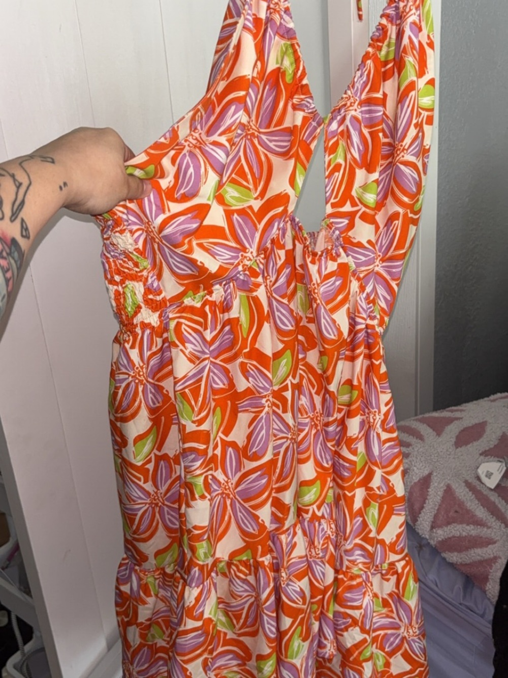 SHEIN Curve Orange Dress with Lavender and Lime Print